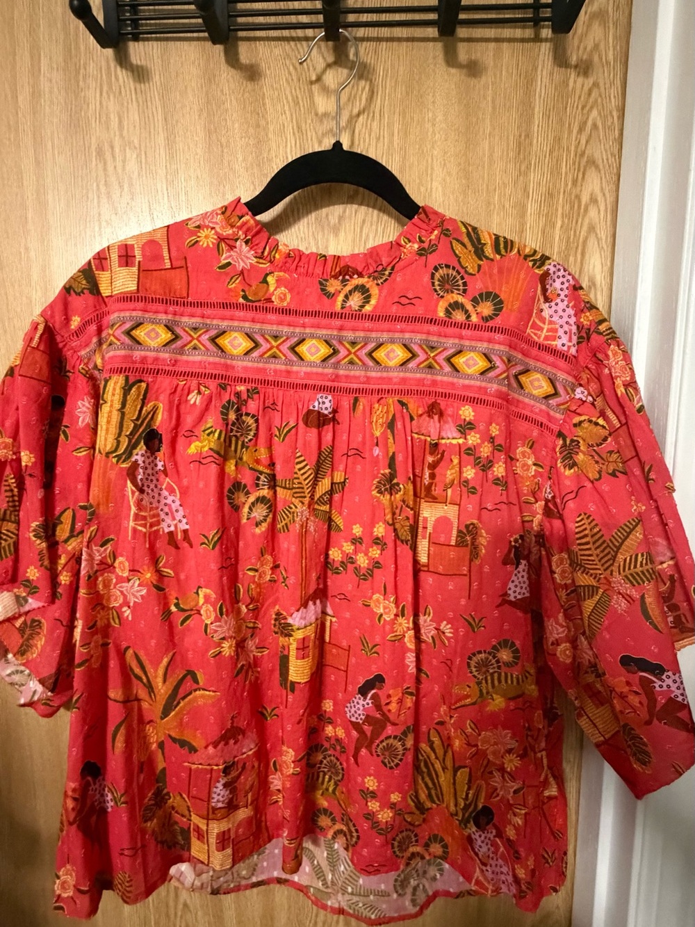 FARM Rio Coral and Yellow Printed Ruffle Blouse